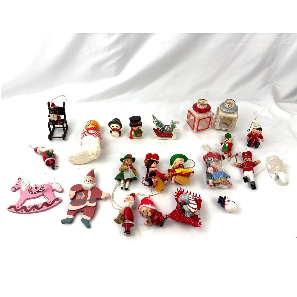 Vtg Christmas Decor Felt Gnomes Santa Soldier Rocking Horse Ornaments MCM‎ 22 PC